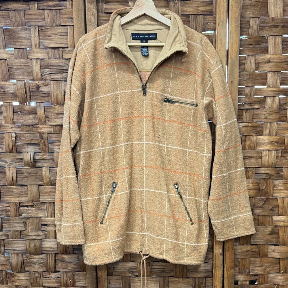 Adrienne Vittadini Tan Checkered Zip-Up Wool Sweater